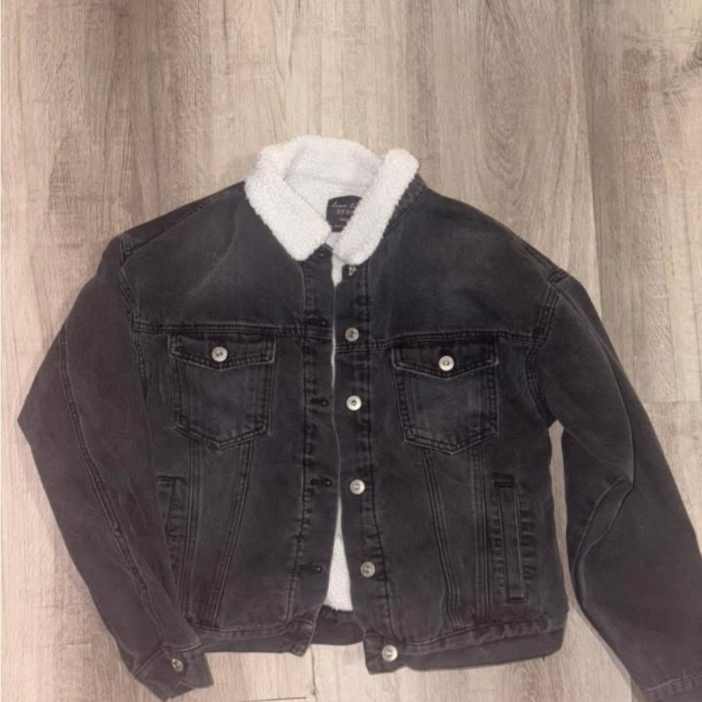 Black Denim Jacket with White Sherpa Collar